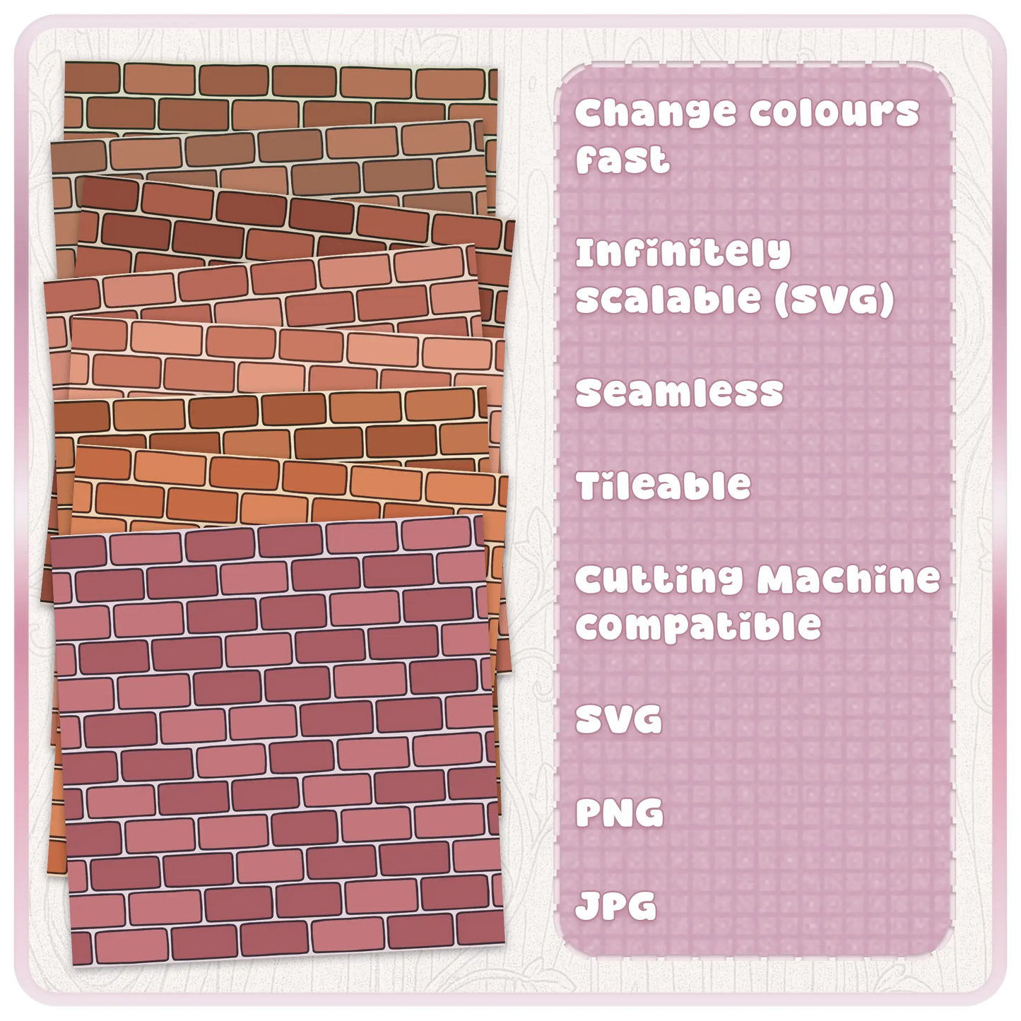 Fairytale brick seamless pattern colour examples showing multiple warm brick wall colourways for digital crafts and sublimation designs.