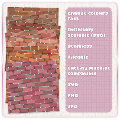 Fairytale brick seamless pattern colour examples showing multiple warm brick wall colourways for digital crafts and sublimation designs.