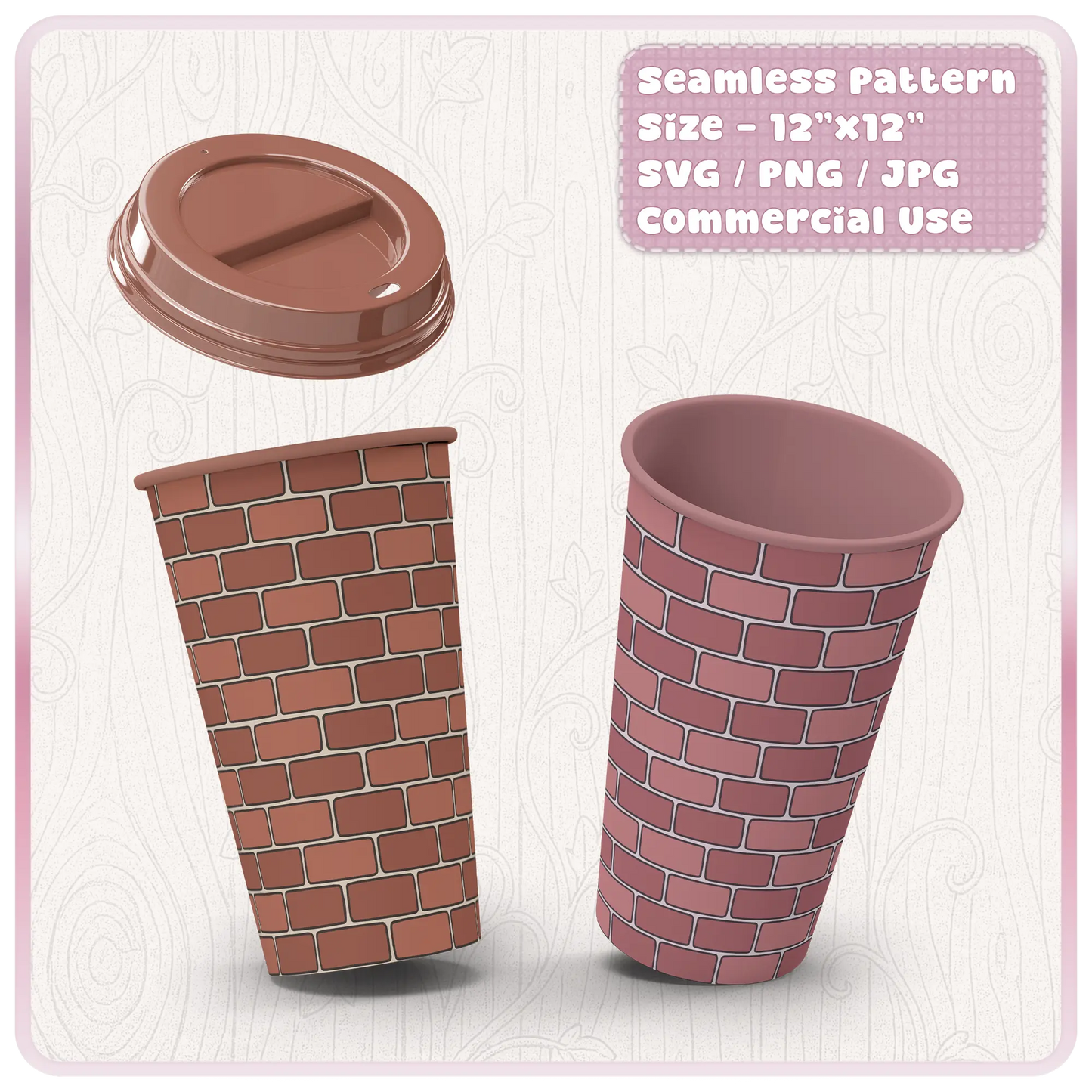 Seamless fairytale brick pattern applied to tumbler and cup mockups for sublimation, printable crafts and digital design projects.