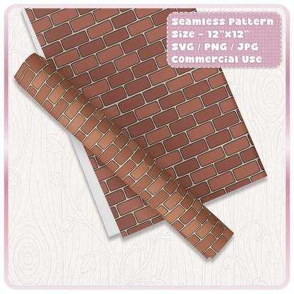 Fairytale brick seamless pattern mockup on paper rolls and sheets showing tileable brick wall design for crafts and commercial use.