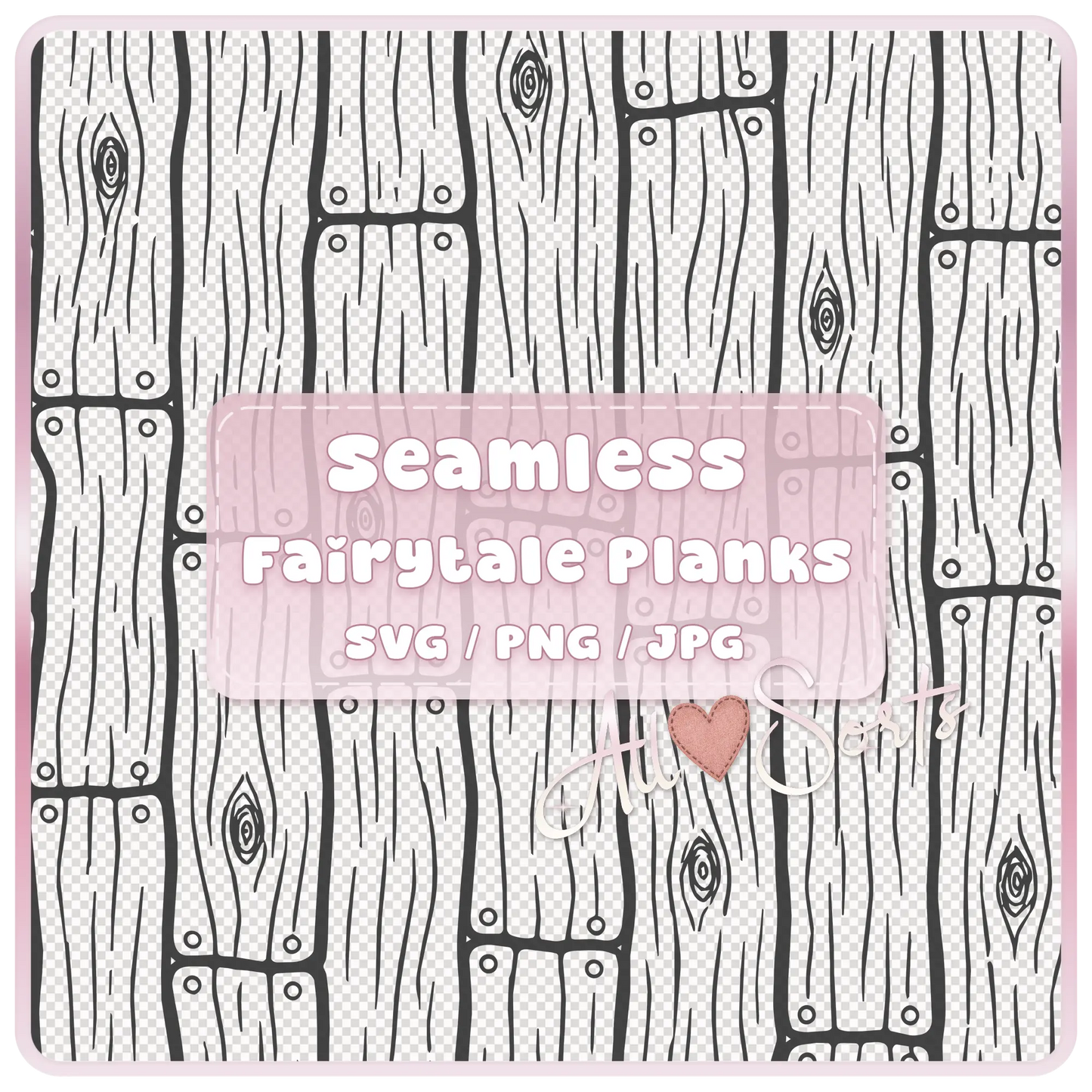 Seamless fairytale wooden floorboards pattern preview in black and white SVG format tileable wood plank design