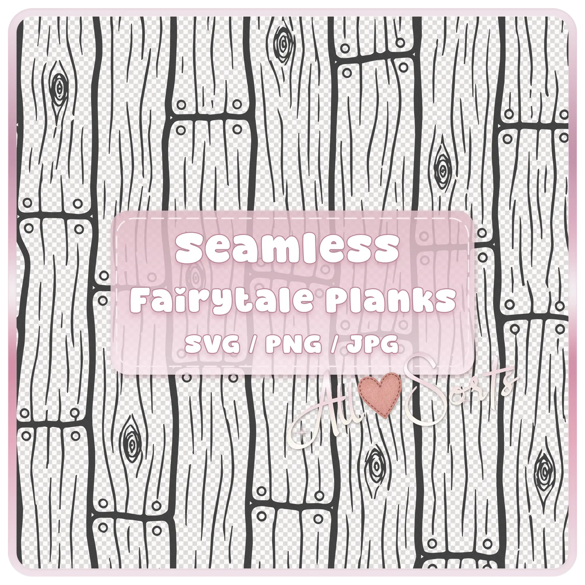 Seamless fairytale wooden floorboards pattern preview in black and white SVG format tileable wood plank design