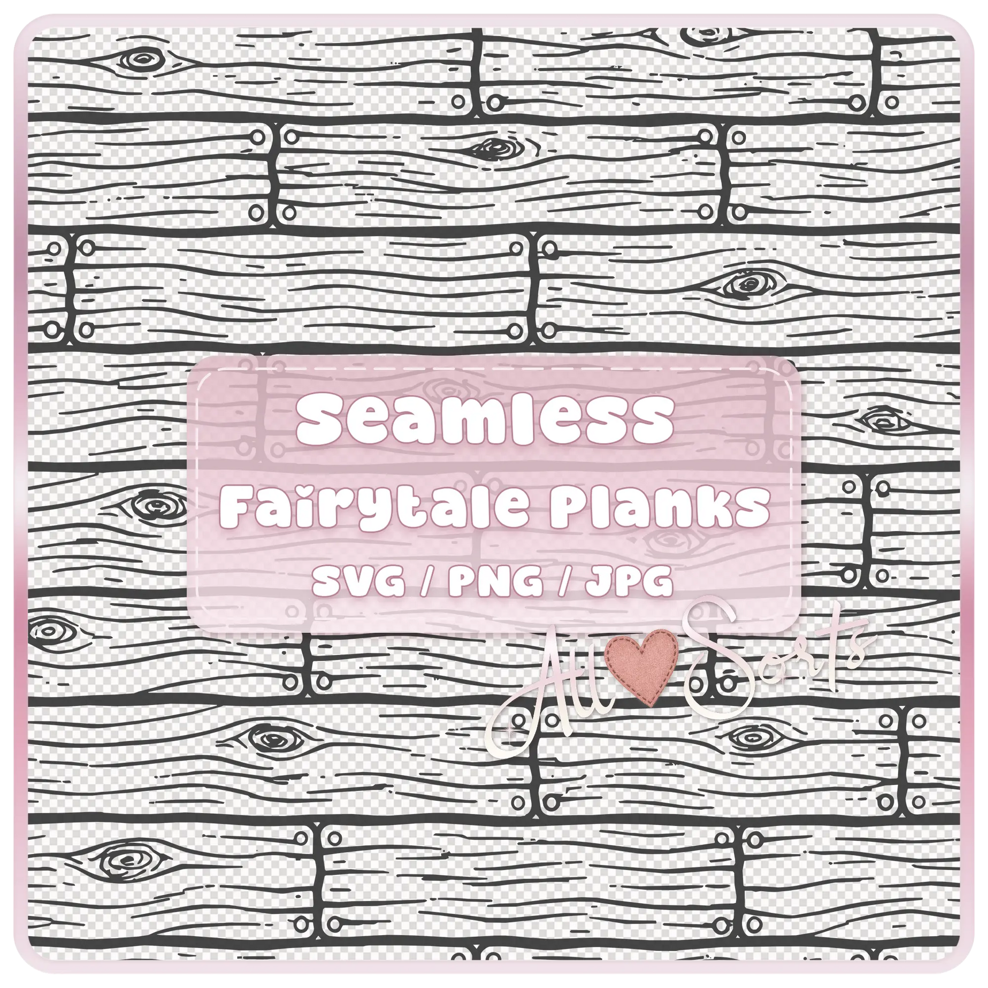 Seamless fairytale wooden floorboards pattern black and white preview tileable SVG PNG JPG digital download