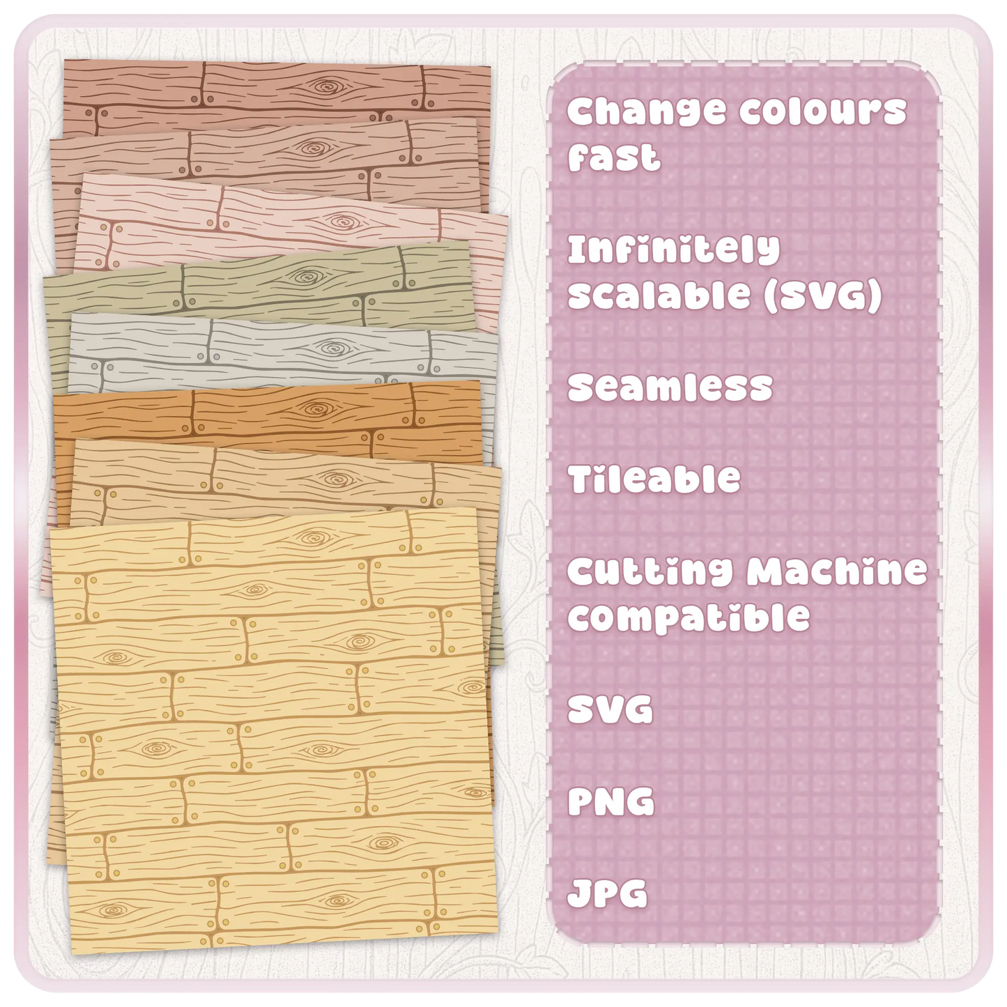 Colour variations of seamless fairytale wood plank digital paper pattern in rustic cottagecore style for crafting and sublimation