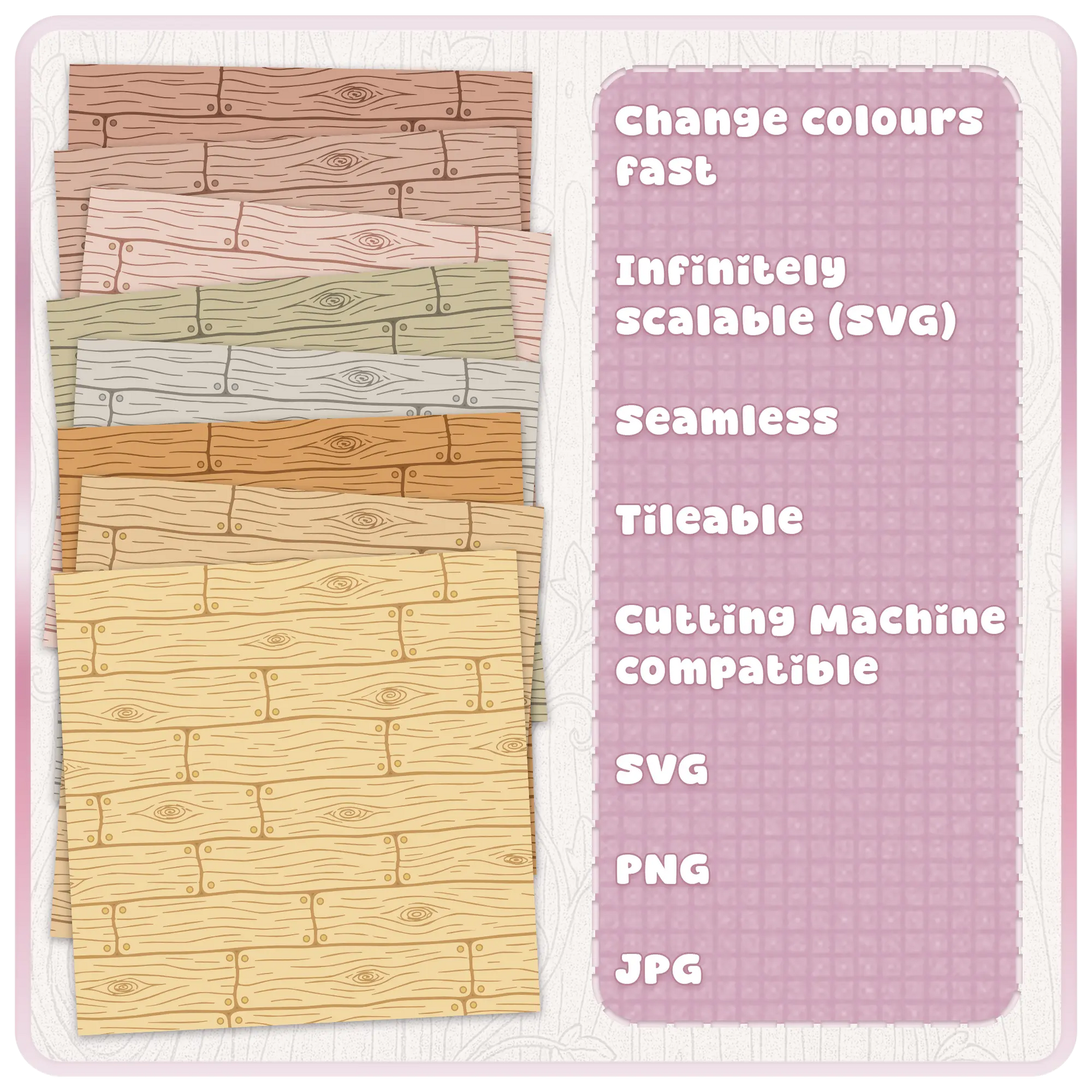 Colour variations of seamless fairytale wood plank digital paper pattern in rustic cottagecore style for crafting and sublimation