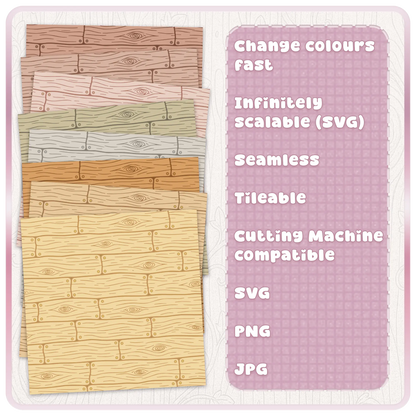 Colour variations of seamless fairytale wood plank digital paper pattern in rustic cottagecore style for crafting and sublimation