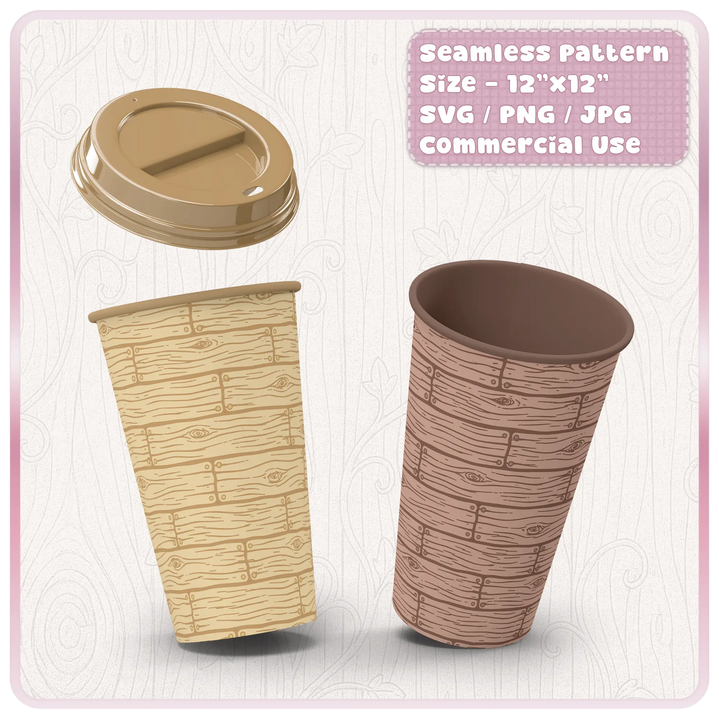 Wood plank seamless pattern applied to tumbler and cup mockup rustic background design example