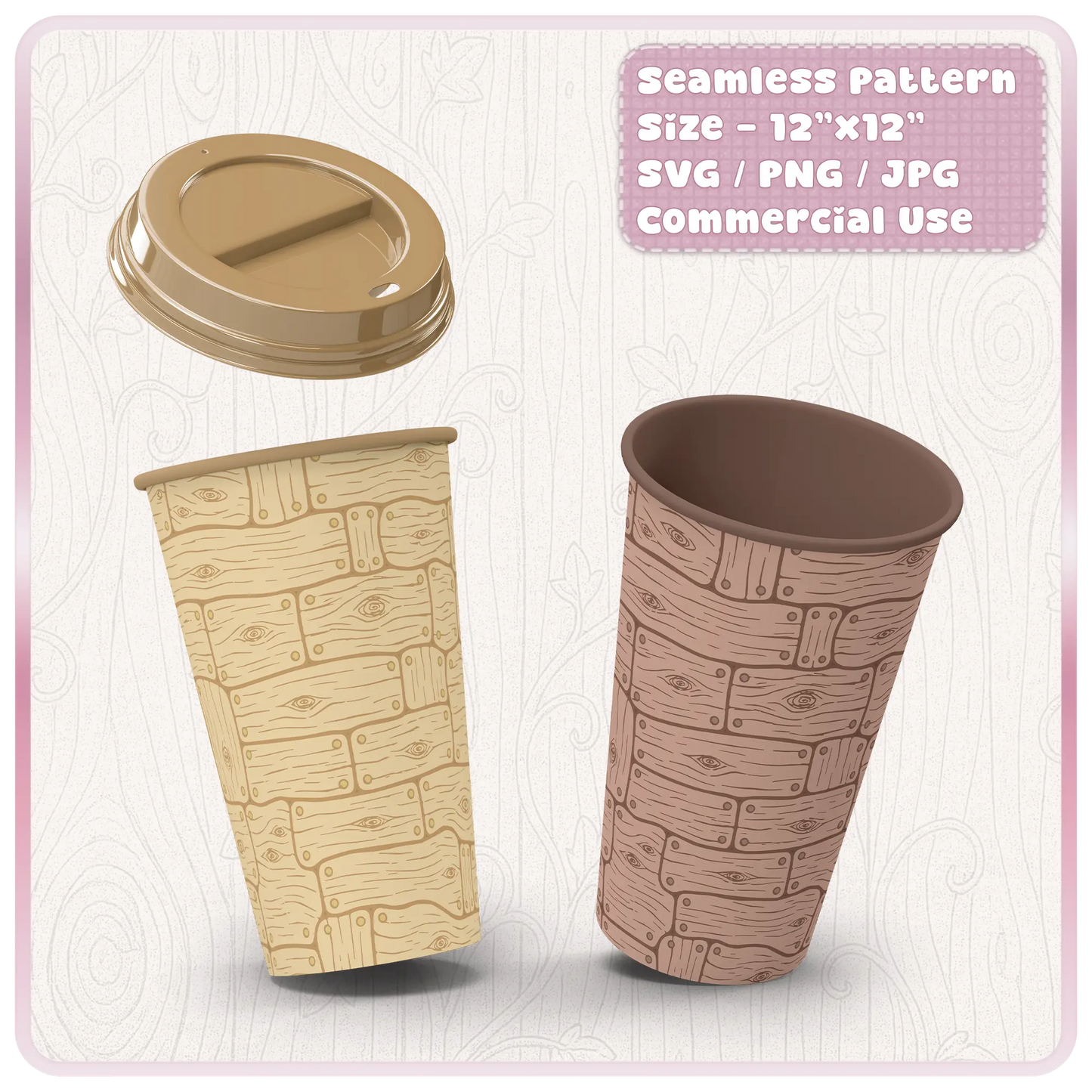 Mockup of seamless wooden floorboard pattern on reusable coffee cups showing rustic fairytale texture design