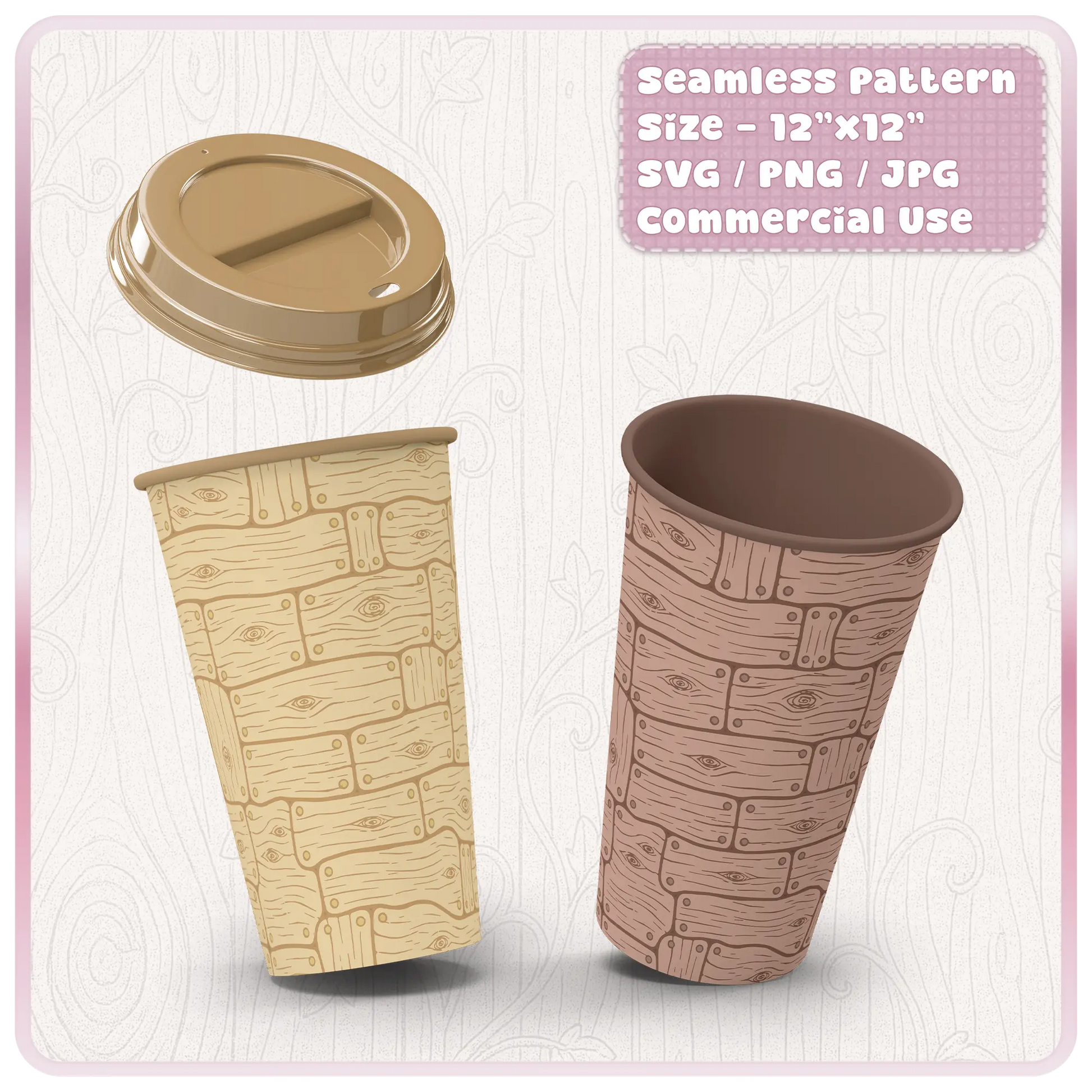 Mockup of seamless wooden floorboard pattern on reusable coffee cups showing rustic fairytale texture design