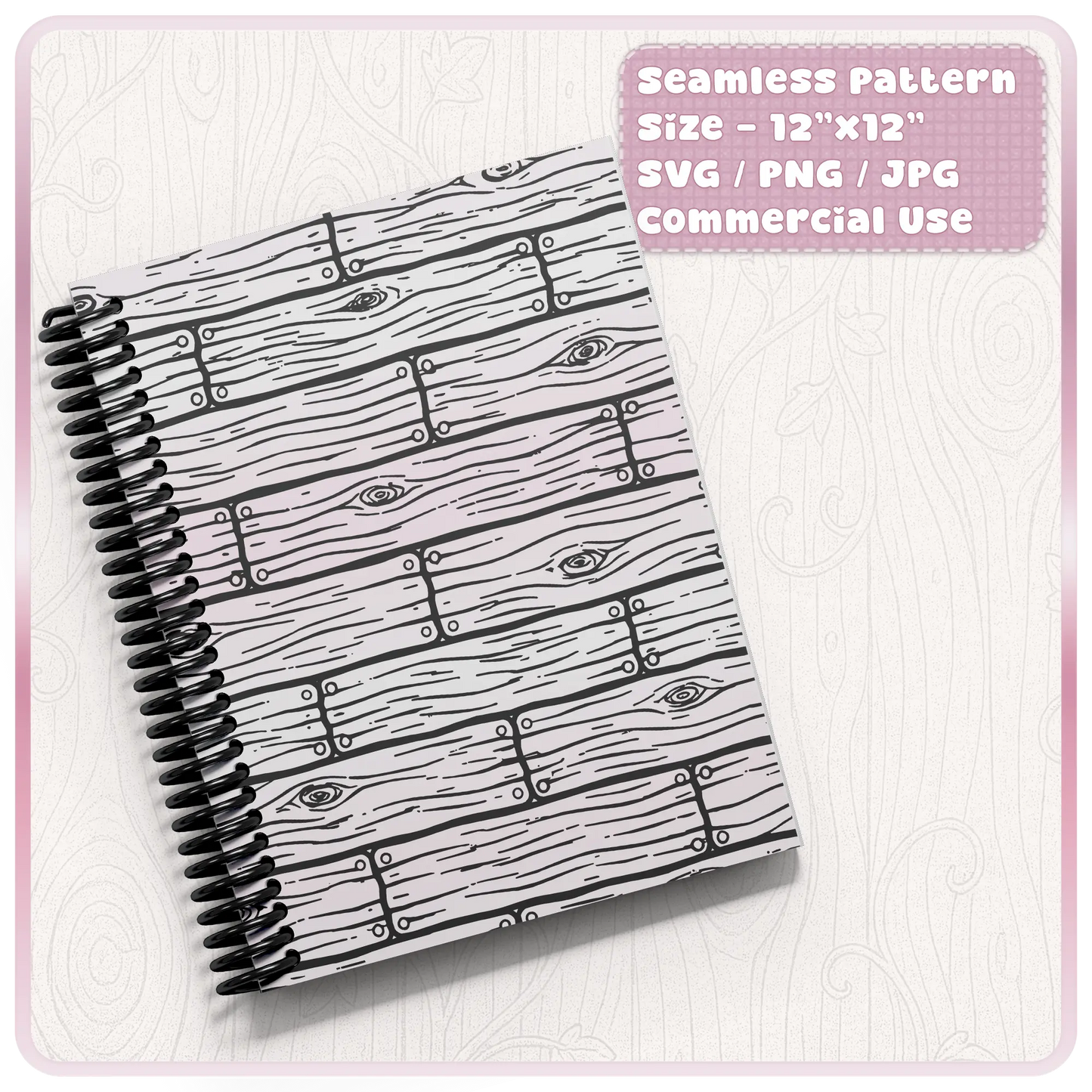 Notebook mockup with seamless wooden floorboard pattern black and white rustic design