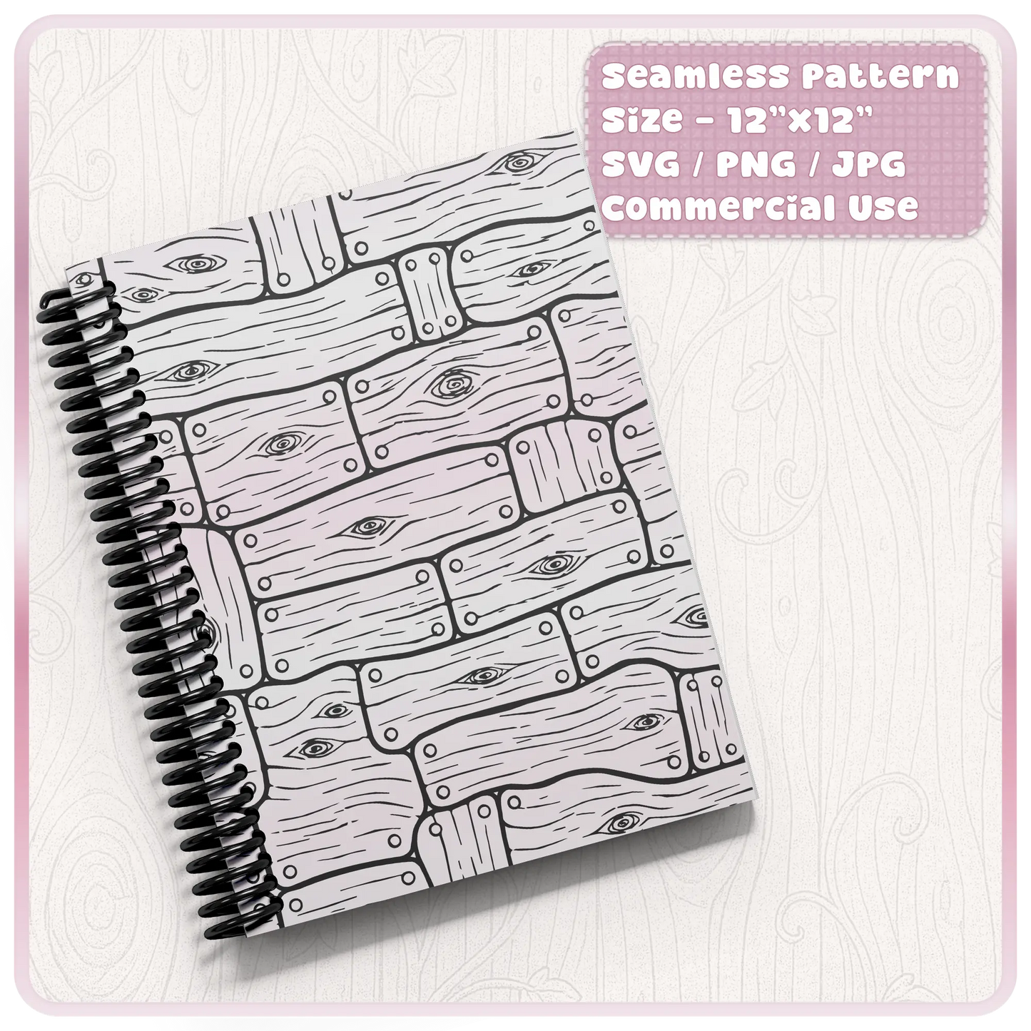 Notebook cover mockup featuring seamless fairytale wooden plank pattern digital paper design