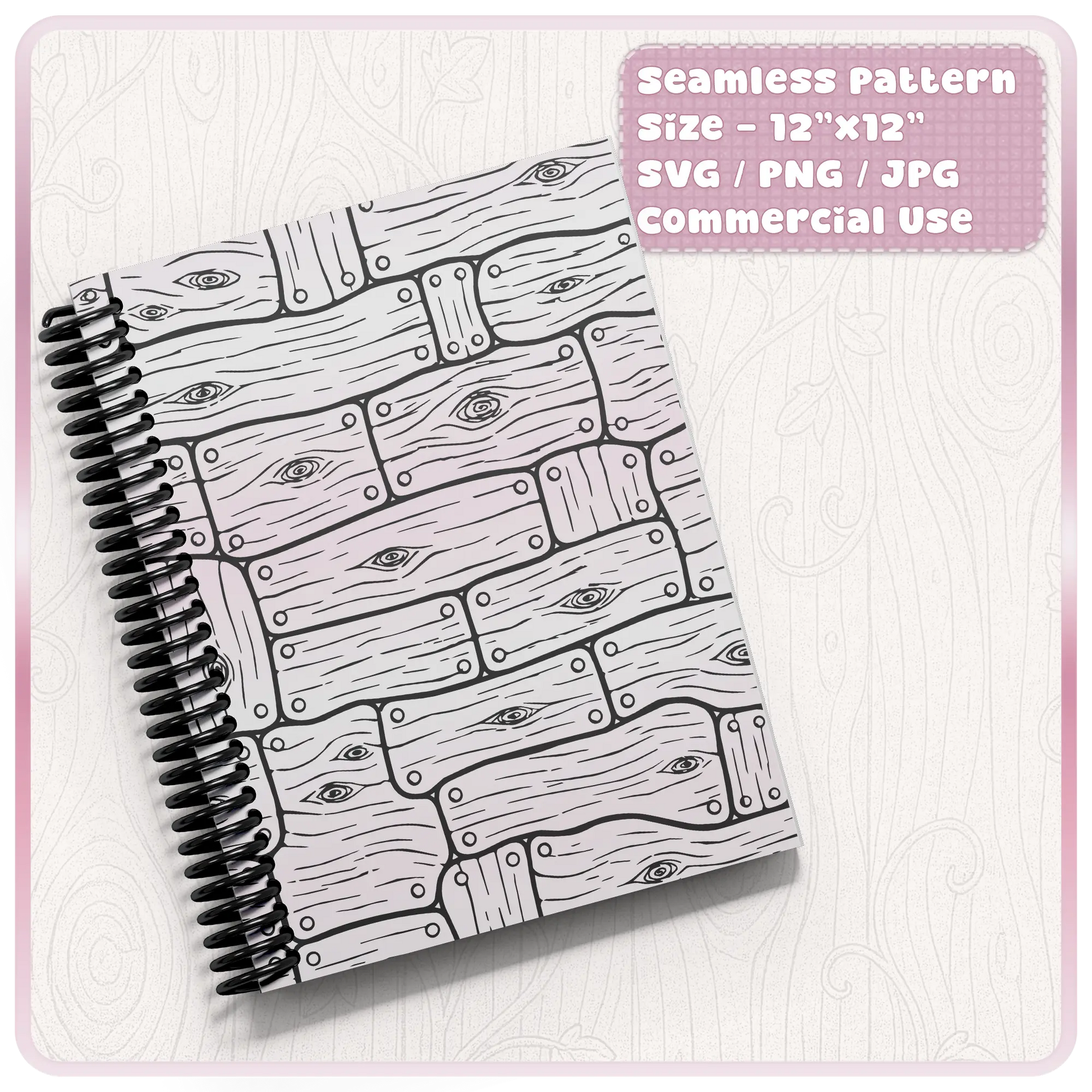 Notebook cover mockup featuring seamless fairytale wooden plank pattern digital paper design