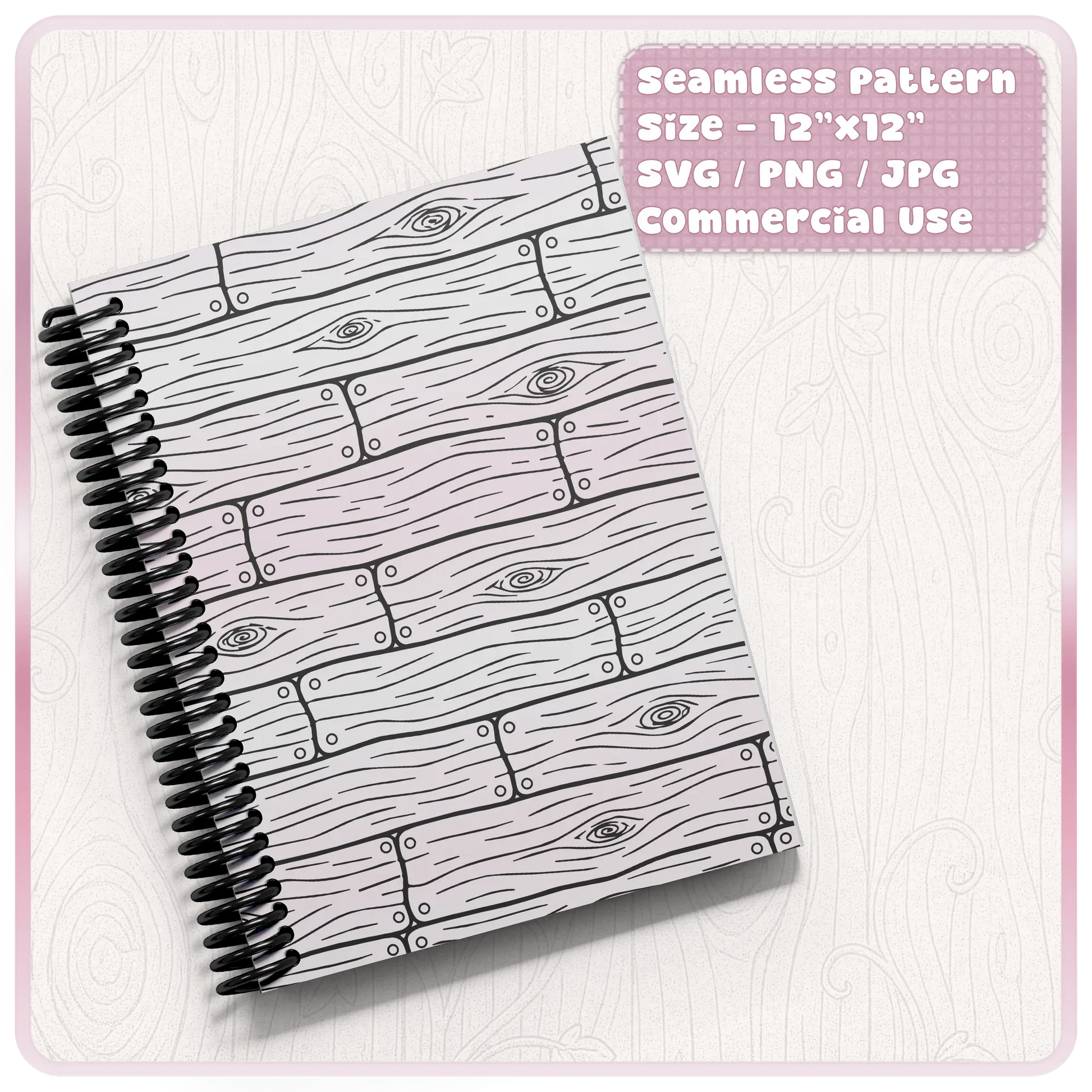 Spiral notebook mockup featuring seamless rustic fairytale wooden plank pattern digital paper background