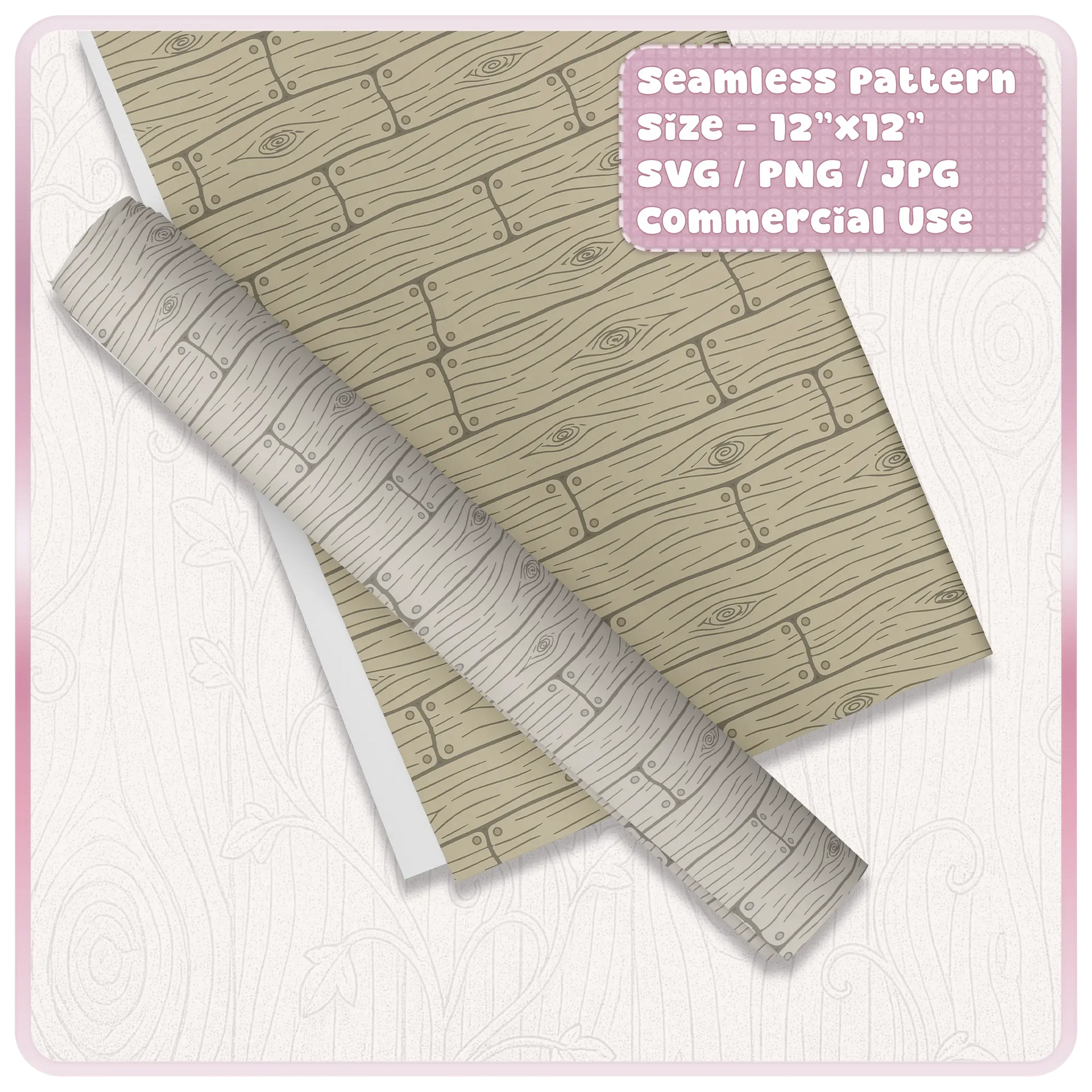 Seamless wooden floorboards pattern displayed as wrapping paper mockup in cottagecore rustic wood texture style