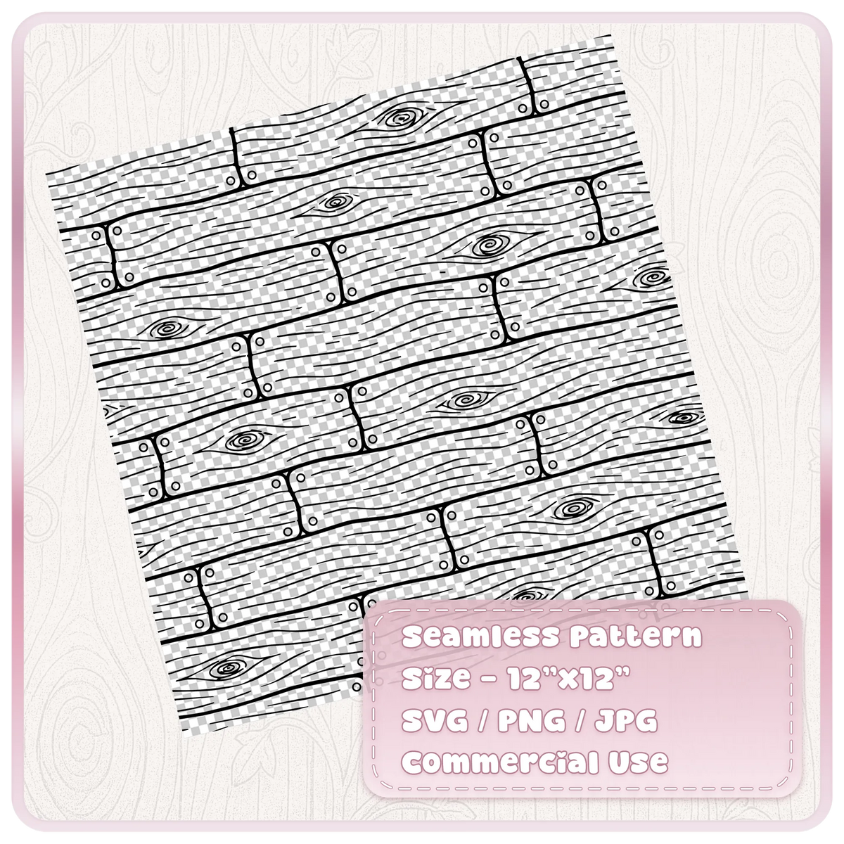 Black wood grain floorboards seamless SVG pattern on a transparent background, featuring rustic plank lines, wood knots and repeating details.