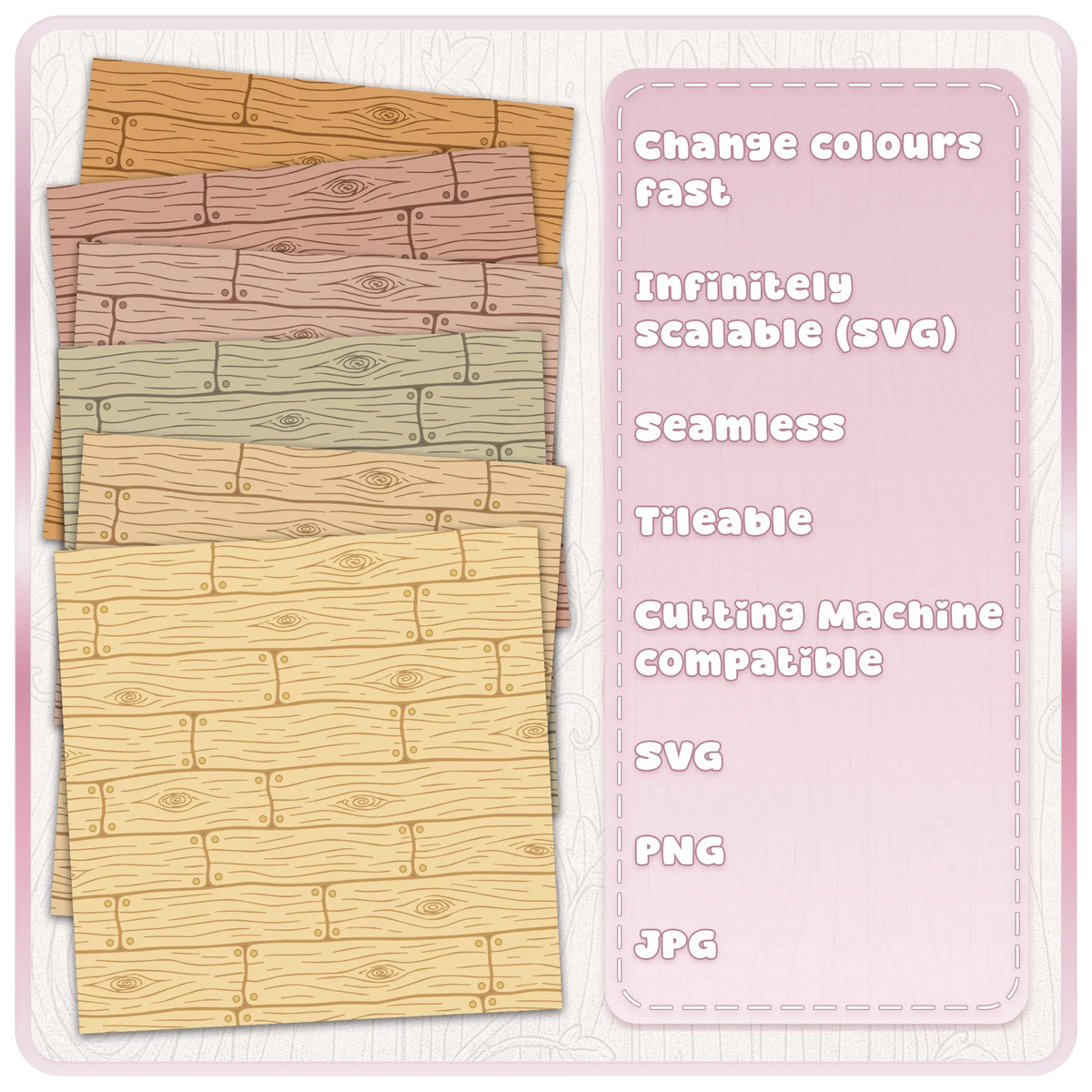 Fairytale floorboards seamless wood pattern displayed in six rustic pastel and natural wood colours, with customisable SVG design and JPG examples.