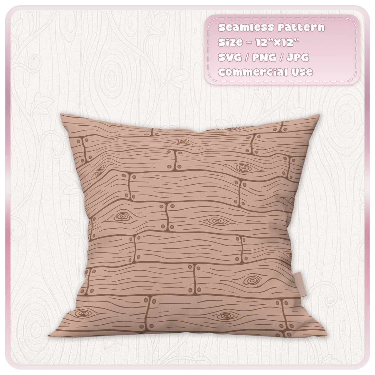 Pinkish brown fairytale floorboards seamless pattern on a decorative cushion mockup, featuring whimsical wood grain and rustic storybook planks.