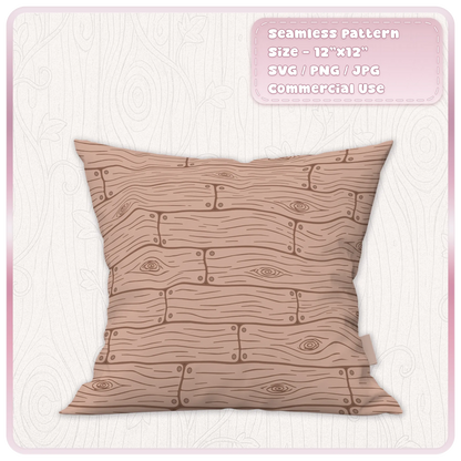 Pinkish brown fairytale floorboards seamless pattern on a decorative cushion mockup, featuring whimsical wood grain and rustic storybook planks.