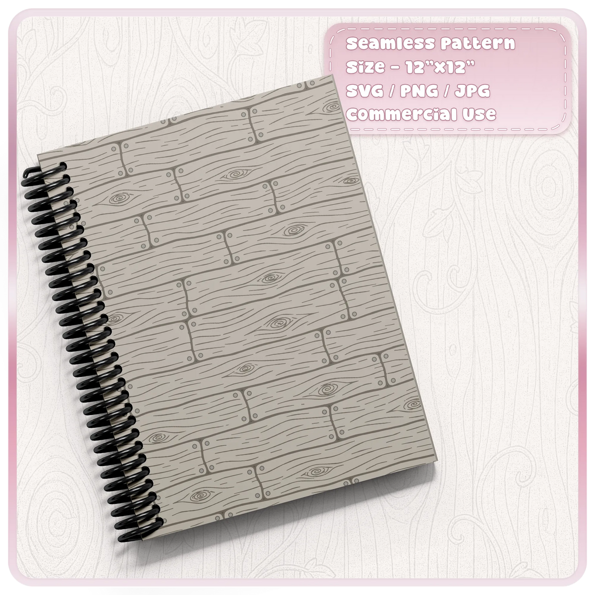 Rustic grey fairytale floorboards seamless wood grain pattern on a spiral notebook cover, ideal for printable stationery and storybook crafts.