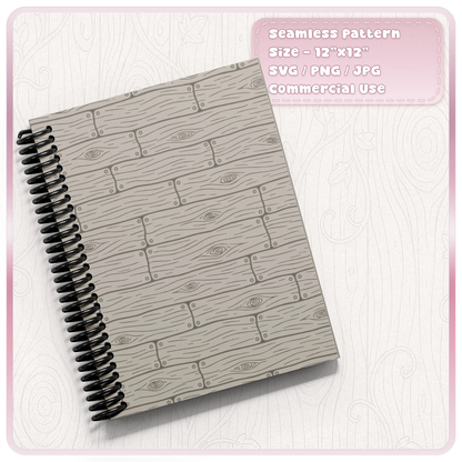 Rustic grey fairytale floorboards seamless wood grain pattern on a spiral notebook cover, ideal for printable stationery and storybook crafts.