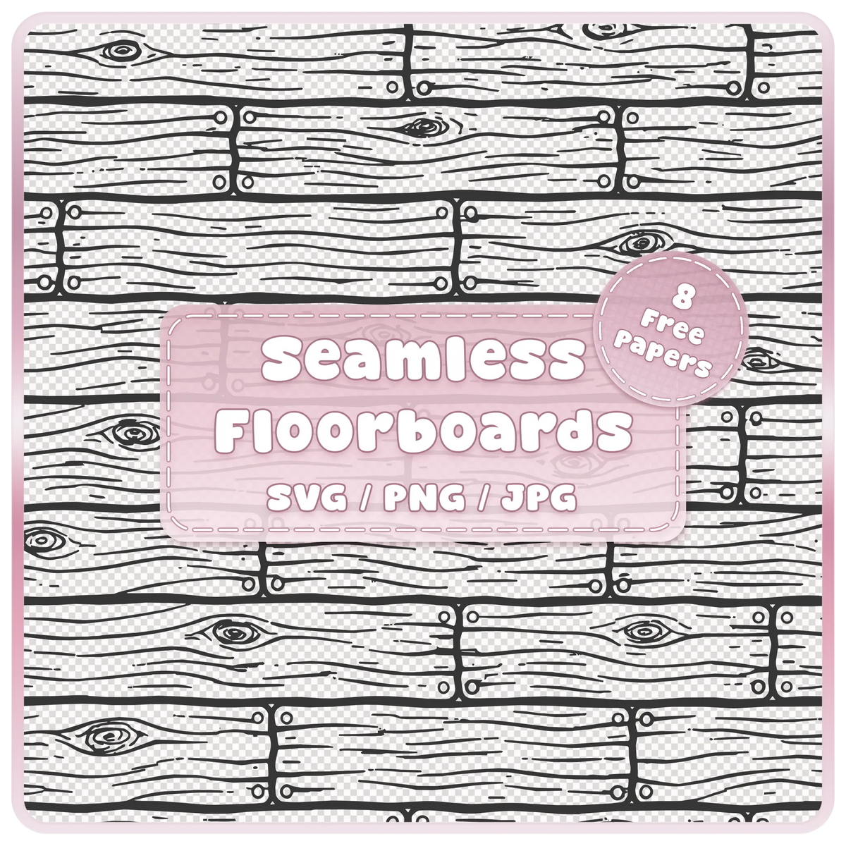 Fairytale floorboards seamless wood pattern overlay in SVG, PNG and JPG, featuring rustic horizontal planks with wood grain and knots.