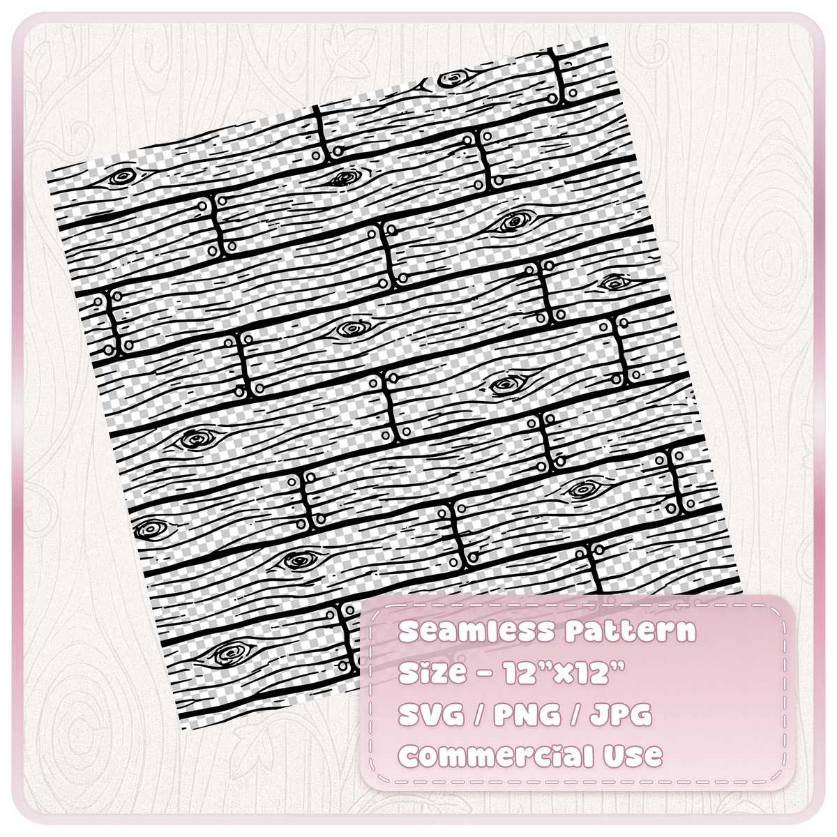 Black hand-drawn seamless wood floorboards pattern on a transparent checkerboard background, with horizontal planks, knots and nail details.