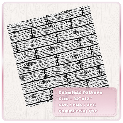 Black hand-drawn seamless wood floorboards pattern on a transparent checkerboard background, with horizontal planks, knots and nail details.