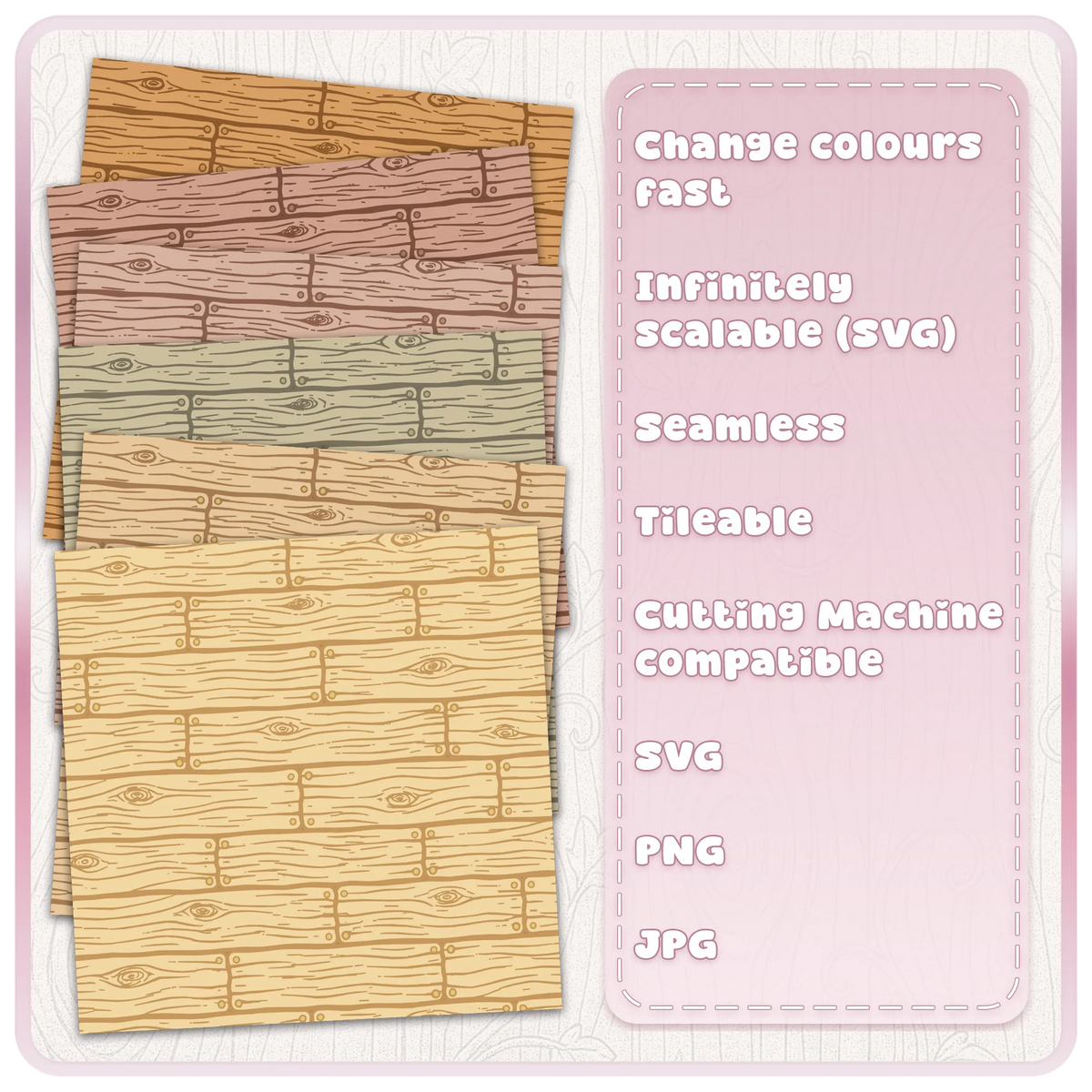 Six colour examples of the fairytale floorboards seamless pattern, showing rustic wooden planks in warm brown, pink, sage and golden tones.