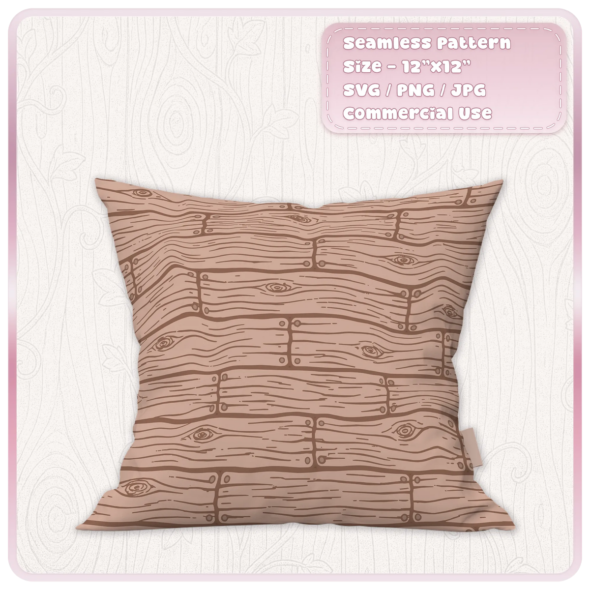 Dusty pink cushion mockup featuring a seamless rustic wooden floorboards pattern with flowing grain, knots and hand-drawn details.