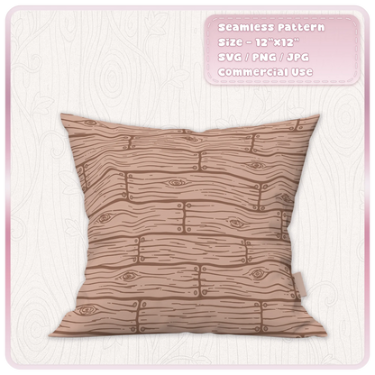 Dusty pink cushion mockup featuring a seamless rustic wooden floorboards pattern with flowing grain, knots and hand-drawn details.