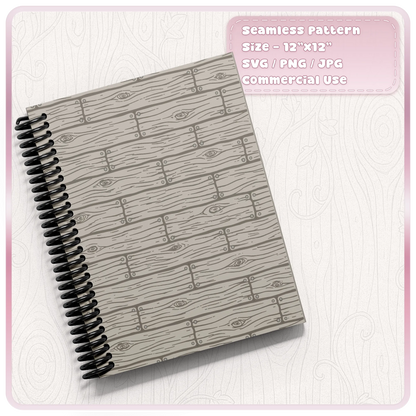 Grey fairytale floorboards seamless pattern on a spiral notebook cover, featuring rustic horizontal wood planks and detailed grain.