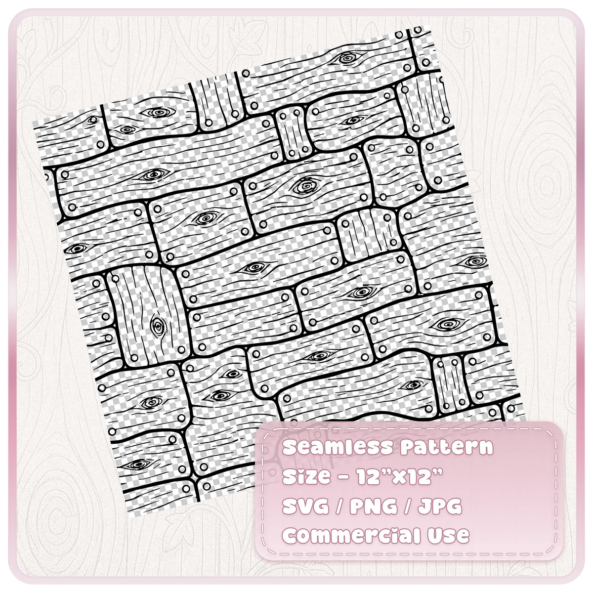 Black seamless fairytale wood plank pattern on a transparent checkerboard background, showing irregular floorboards, wood grain and nail details.
