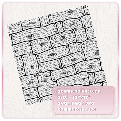 Black seamless fairytale wood plank pattern on a transparent checkerboard background, showing irregular floorboards, wood grain and nail details.