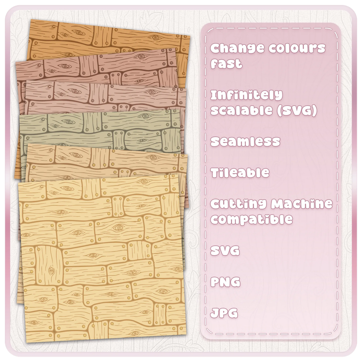 Rustic fairytale floorboards seamless pattern shown in six natural and pastel wood colours, with customisable SVG design and bonus JPG colour examples.