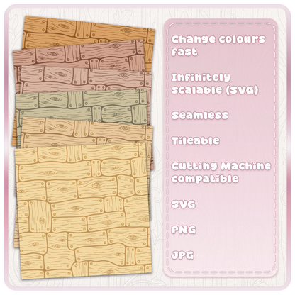 Rustic fairytale floorboards seamless pattern shown in six natural and pastel wood colours, with customisable SVG design and bonus JPG colour examples.