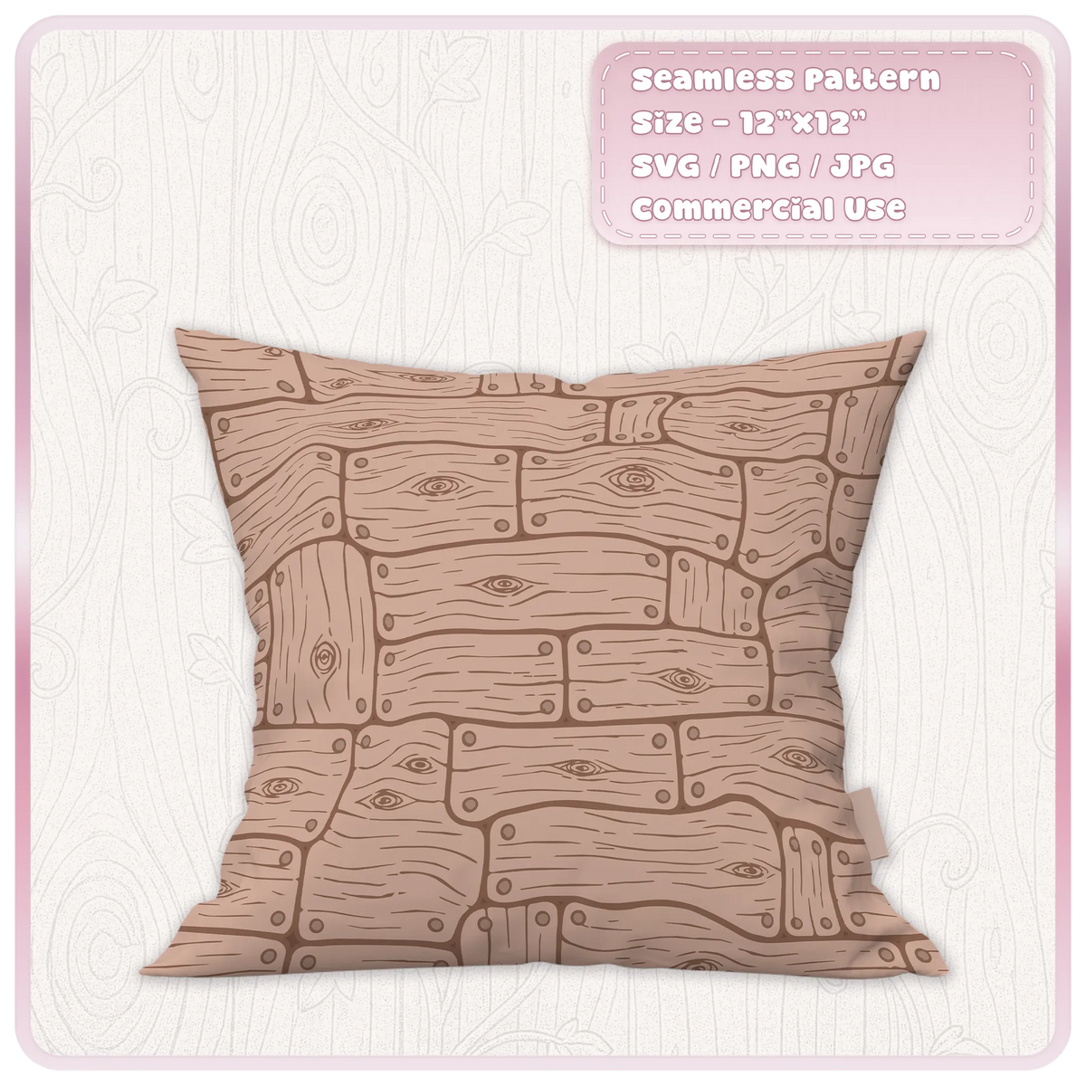 Dusty pink fairytale wooden floorboards seamless pattern on a decorative cushion, showing whimsical rustic planks and hand-drawn wood grain.
