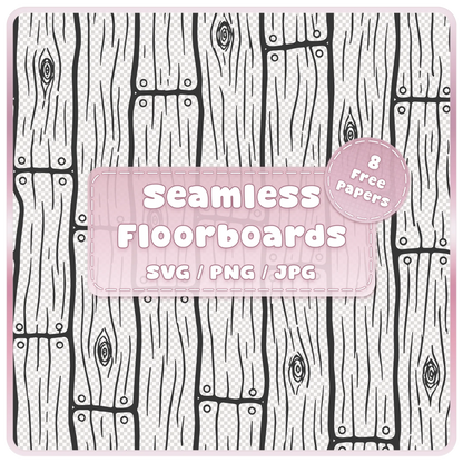 Fairytale floorboards seamless pattern overlay in SVG PNG JPG, featuring vertical rustic wooden planks, detailed wood grain and 8 bonus colour papers.