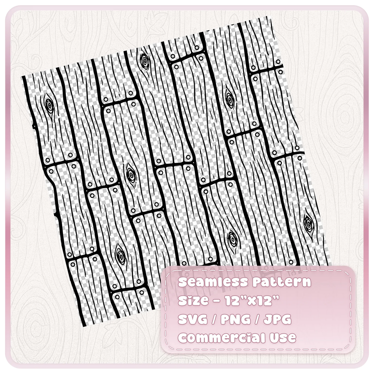 Black fairytale wood floor seamless SVG pattern on a transparent checkerboard background, showing vertical planks, wood knots and rustic nail details.