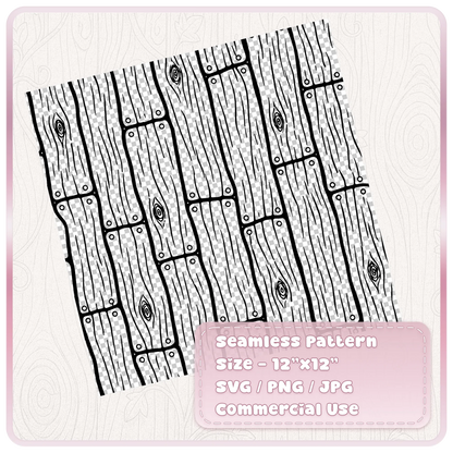 Black fairytale wood floor seamless SVG pattern on a transparent checkerboard background, showing vertical planks, wood knots and rustic nail details.