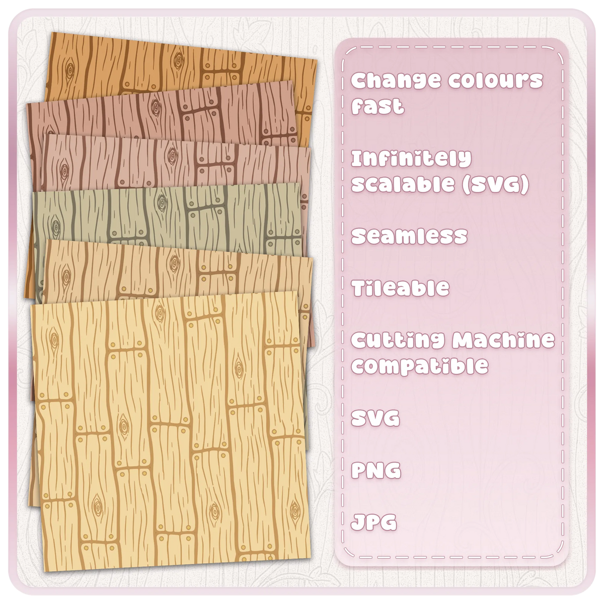 Fairytale vertical wooden floorboards seamless pattern displayed in six natural and pastel wood colours, with customisable SVG design and JPG examples.