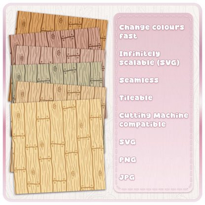 Fairytale vertical wooden floorboards seamless pattern displayed in six natural and pastel wood colours, with customisable SVG design and JPG examples.