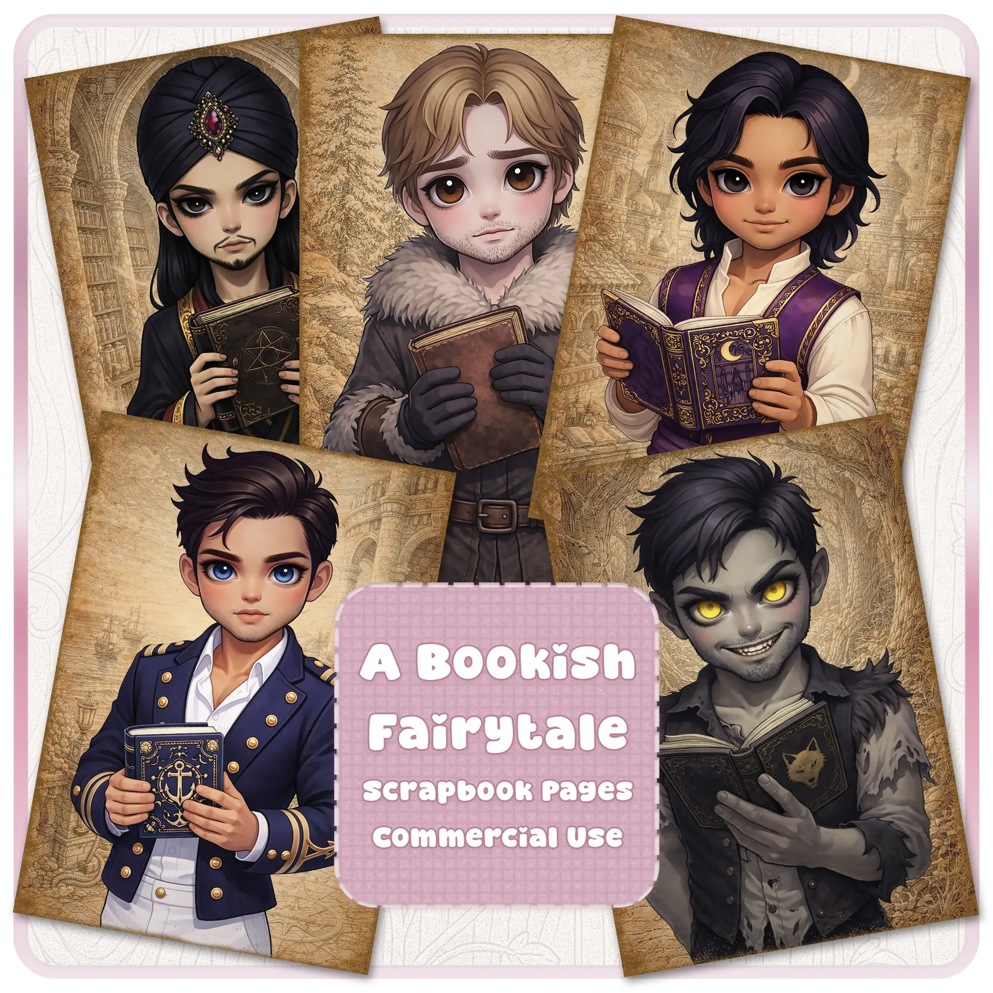 Bookish fairytale prince scrapbook pages bundle featuring fantasy male characters reading books, storybook style illustrations, and vintage printable journal designs