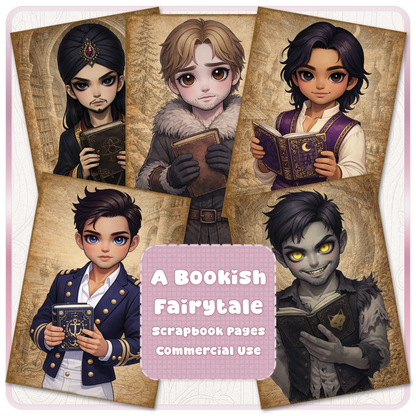 Bookish fairytale prince scrapbook pages bundle featuring fantasy male characters reading books, storybook style illustrations, and vintage printable journal designs