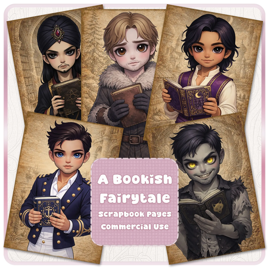 Bookish fairytale prince scrapbook pages bundle featuring fantasy male characters reading books, storybook style illustrations, and vintage printable journal designs