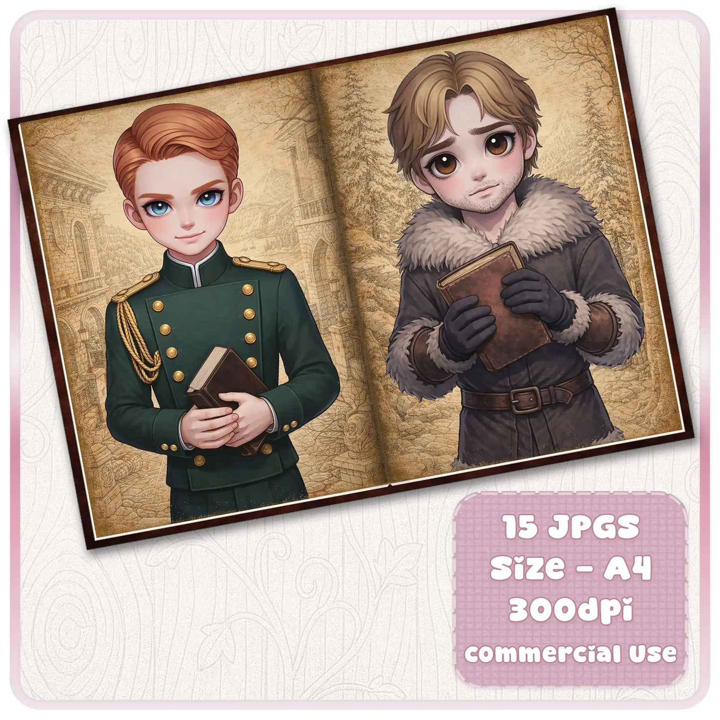 Fairytale prince journal pages featuring royal guard boy and winter traveler character holding books, fantasy printable scrapbook set