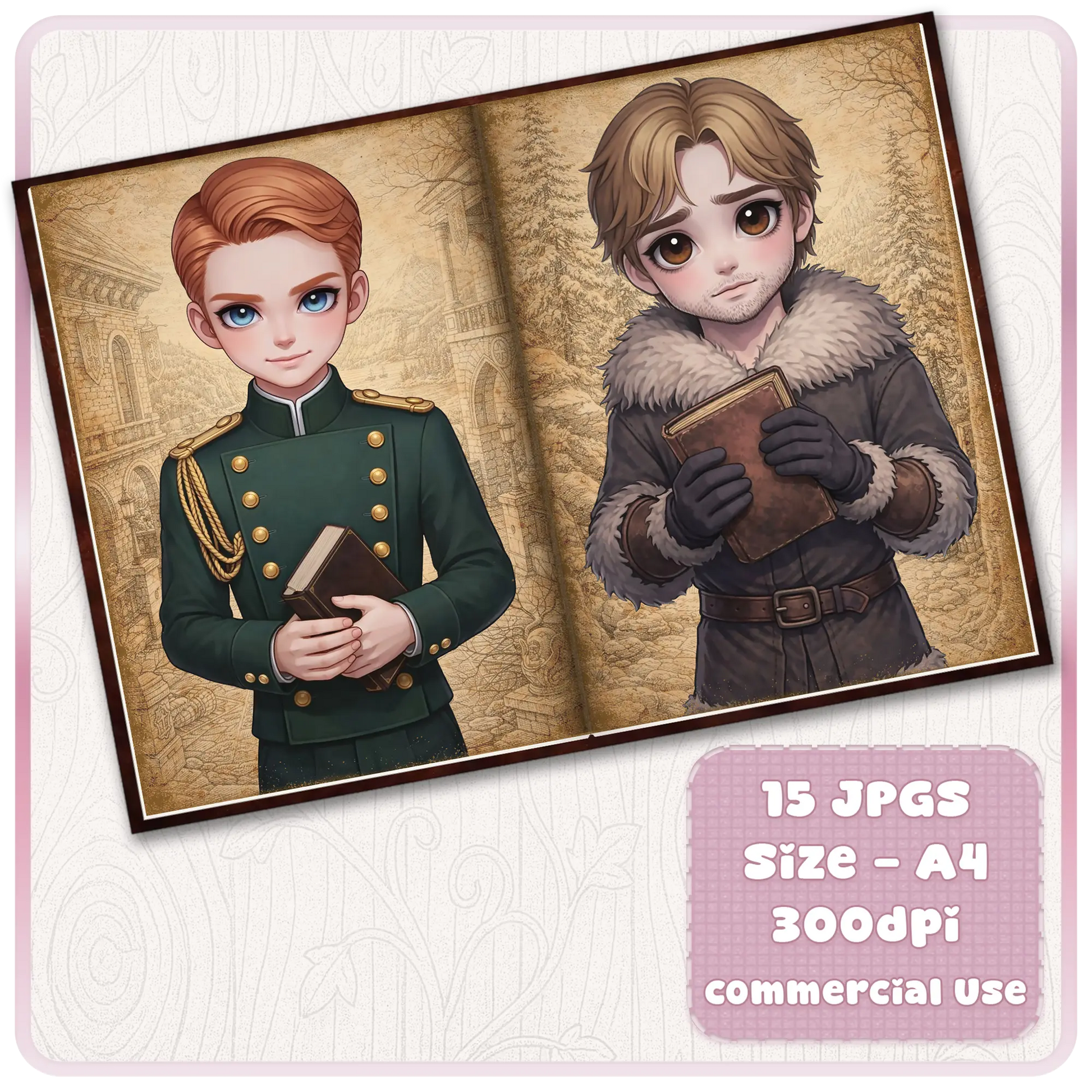 Fairytale prince journal pages featuring royal guard boy and winter traveler character holding books, fantasy printable scrapbook set