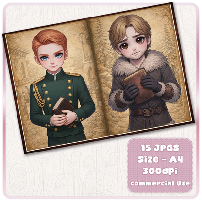 Fairytale prince journal pages featuring royal guard boy and winter traveler character holding books, fantasy printable scrapbook set