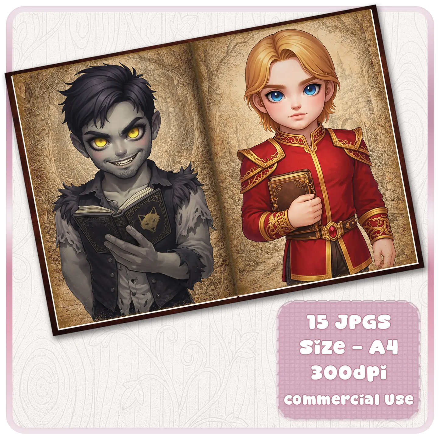 Dark fantasy scrapbook pages with villain boy reading book and red prince character, storybook style printable journal pages