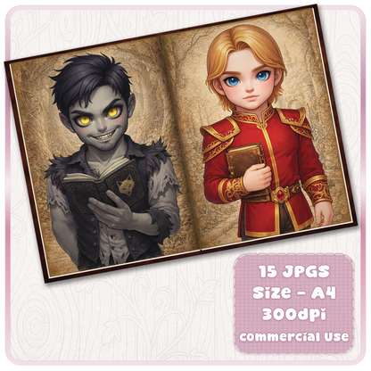 Dark fantasy scrapbook pages with villain boy reading book and red prince character, storybook style printable journal pages
