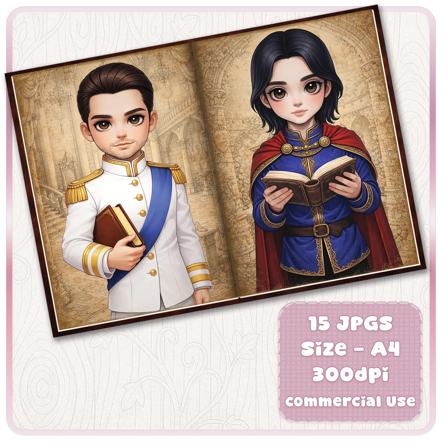 Fairytale prince printable pages with royal prince in white uniform and young noble reader in blue cloak, vintage storybook scrapbook design